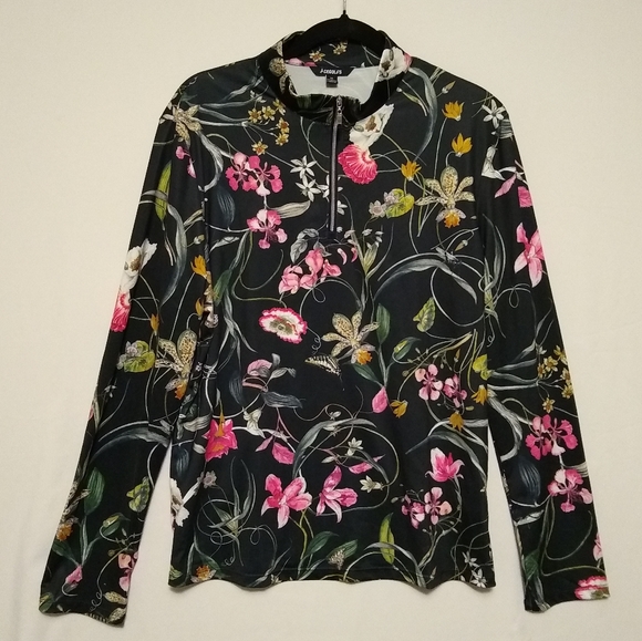 Black Botanical Print Long Sleeve Quarter Zip Golf Shirt SPF 50+ - Picture 2 of 9